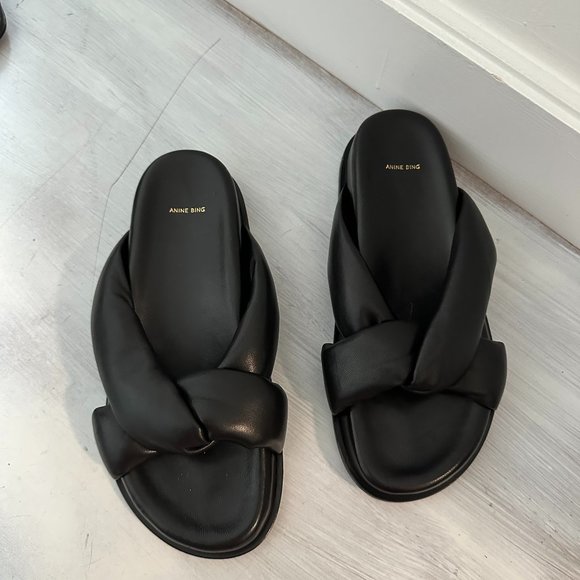 ❌SOLD❌Anine Bing Kiva Slide Sandals Sz 37 Black Leather Padded Crossover Straps - Picture 3 of 9